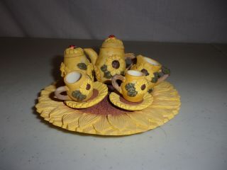 10 Piece Miniature Mini Tea Set Resin Sunflowers And Ladybugs Yellow Flowers