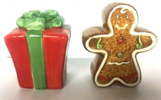 Red Gift Present Package And Gingerbread Man Salt And Pepper Shakers
