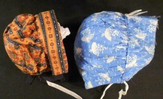 2 Vintage Hand Made Small Doll Bonnets,  Cotton Prints,  1 Sun Bonnet,  1 Pilgrims