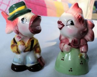 Vintage Py Japan Porcelain Anthropomorphic Mr & Mrs Fish Salt Pepper Shakers