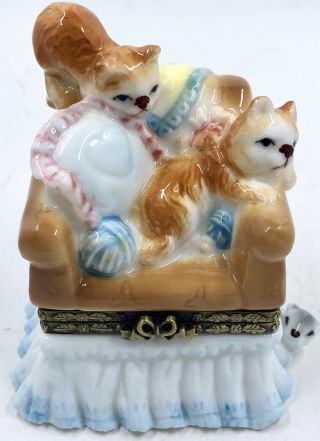 Herco Cats Kittens Trinket Box Hinged Porcelain On Chair With Hidden Mouse 3”