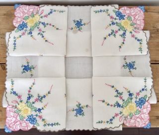 Vintage Pretty Madeira Work Tablecloth Hand Embroidered Linen Baskets Of Flowers