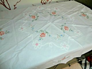 Vintage White Cotton Small Round Tablecloth Floral Embroidery 30 " Diameter