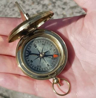 Vintage Nautical Marine Style Polished Brass Sundial Push Button Pocket Compass