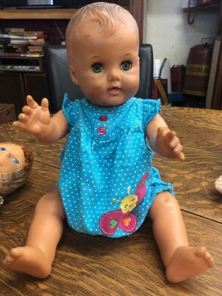 Antique Bannister Baby Doll 17” Sleep Eyes,  Intact Squealer,  Feeds/excretes