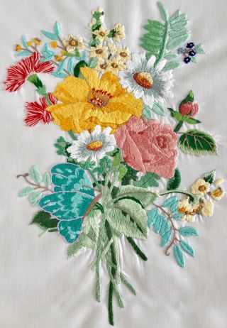 Vintage Stunning Hand Embroidered Panel English Country Cottage Flowers