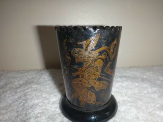 Vintage Papermache Black With Gold Chinese Japan Figures Laquered Tooth Pick Pot