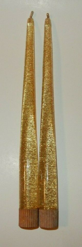 Pair (2) Pale Yellow Lucite Candles With Gold Glitter & Gold Wick Uu