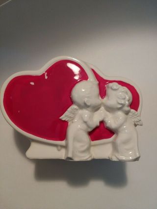 Vintage Valentine Porcelain Planter Two Red Hearts White Kissing Angels