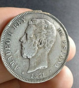 Antique Silver Coin Amadeo I King Of Spain " 5 Pesetas " 1871