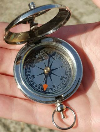 Vintage Nautical Style Nickel Plated Brass Sundial Push Button Pocket Compass