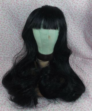 Vintage Long Black Doll Wig With Bangs Size 10 Tallinas Straight Hair