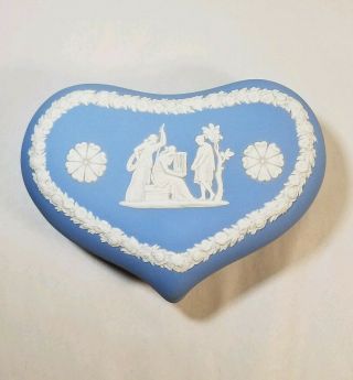 Vintage England Wedgwood Jasperware Blue Heart Shape Trinket Covered Box