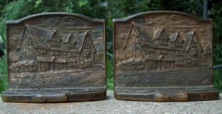Vintage Solid Brass Book Ends Old Country Inn Pair 2 Antique Bookends