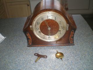 Vintage Wooden Mantel Clock With Pendulum & Key Westminster Chime Spares
