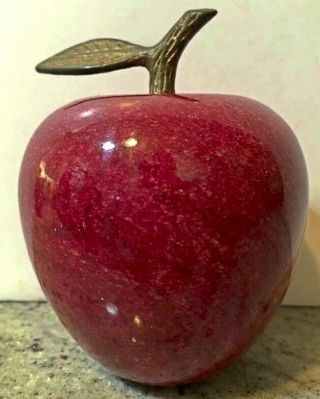 Red Polished Marble Stone Apple With Brass Stem And Leaf Paperweight Decor