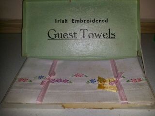 2 X Vintage Irish Linen Embroidered Hand Towels - Floral Design,  Foxed
