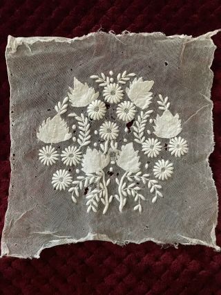 Gorgeous Antique Fond De Bonnet - Hand Embroidery On Tulle (3)