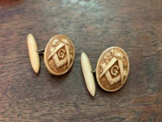 Vintage Antique Masonic Grand Mason Cufflinks Bakelite / Celluloid? Hand Carved?