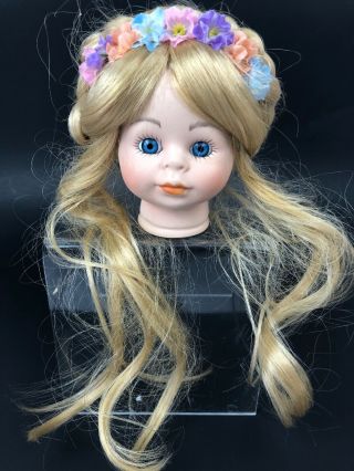 Vintage Porcelain Doll Head Bust 4” Blonde Wig Hair Blue Eyes Parts Artist