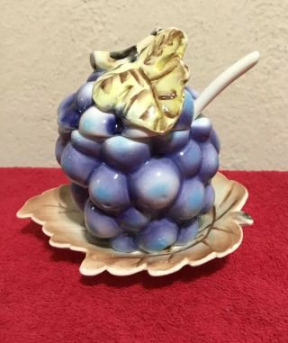 Vintage Grapes Hand Crafted Ceramic Jam Jelly Sugar Bowl Dish With Lid & Spoon