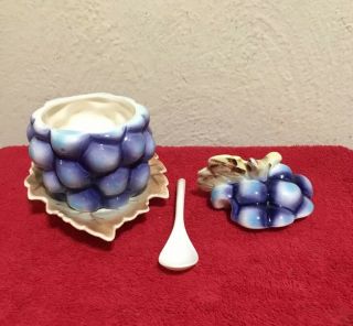 Vintage Grapes Hand Crafted Ceramic Jam Jelly Sugar Bowl Dish With Lid & spoon 2