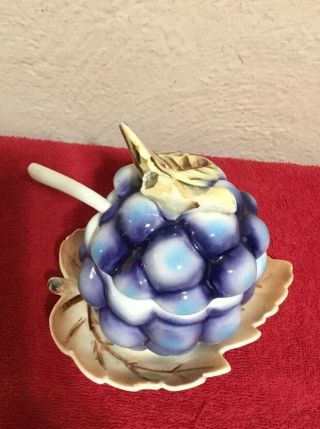 Vintage Grapes Hand Crafted Ceramic Jam Jelly Sugar Bowl Dish With Lid & spoon 3