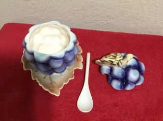 Vintage Grapes Hand Crafted Ceramic Jam Jelly Sugar Bowl Dish With Lid & spoon 4