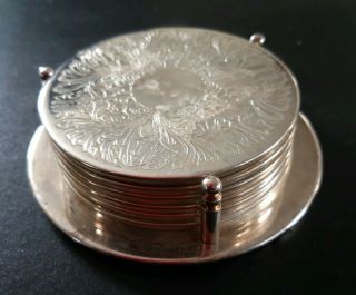 Vintage Set Of 6 Silver Plated Round Coasters /drinks Mats,  Holder.