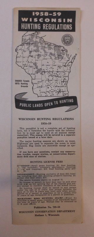Vintage Wisconsin 1958 - 59 Hunting Regulations