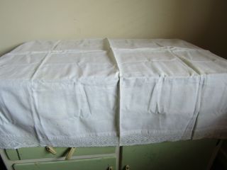 Antique White Linen Handmade Lace Trim Victorian Era Small Tablecloth 33 " X 32 "