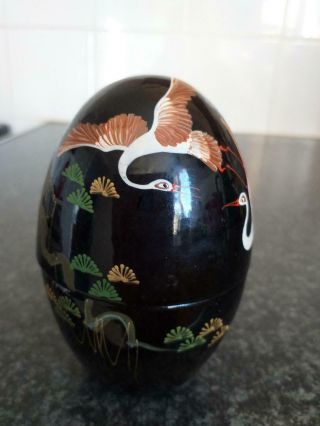 Vintage Chinese Hand Painted Lacquer Wood Oval Box Herons