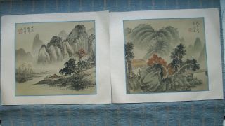 Old Vintage Pair Hand Painted Chinese Ink Painting On Silk Mountain Landscape