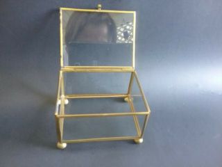 vintage glass box show case brass hinged top bun feet for display small 3