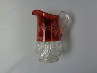1896 Ruby Red Flash Glass Pitcher To My Mother From Atlantic City 6 " Antique