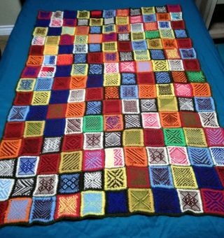Vintage Hand Crocheted Mixed Stitches Granny Squares Afghan Throw Blanket