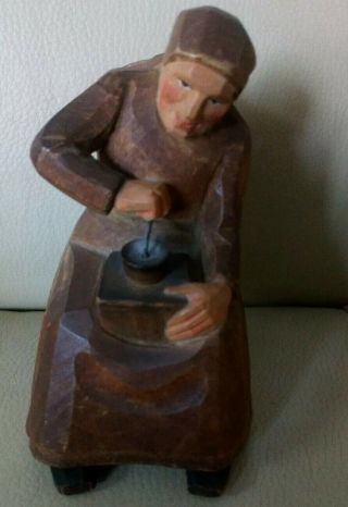 Vintage Hand Carved Figure - Black Forest - Seated Elderly Lady With Grinder