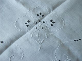 Antique hand embroidery cut out work flowers linen tablecloth 33x32 inches 2