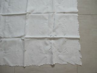 Antique hand embroidery cut out work flowers linen tablecloth 33x32 inches 4