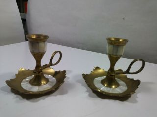 Vintage Brass Candlestick Holders,  Mother Of Pearl Inlay