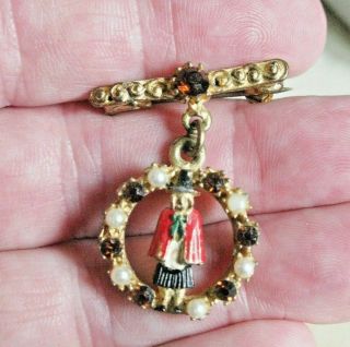 Antique Gold Tone & Enamel Lady In Welsh National Costume Pin Brooch