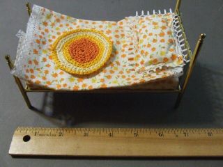 Vintage Miniature Doll House Brass Metal Bed W Springs Orange Yellow Sheets Rug