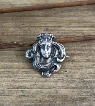 Antique Art Nouveau Sterling Silver Top Figural Cameo Brooch Pin