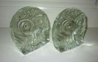 Vintage Clear SOLID GLASS OWL BOOKENDS Mid Century Modern Pilgrim Glass Co 2