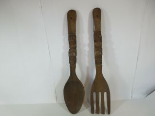 Vintage Set Carved Wood Tiki Totem Fork And Spoon Retro Kitchen Decor