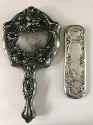 Antique Art Nouveau Empire Art Silver Beveled Vanity Hand Mirror And Brush