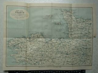 1922 Vintage Bartholomew Map Of North West France,  St.  Malo,  Brest,  Caen,  Rennes