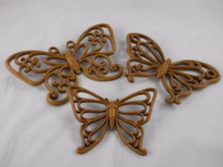 3 Pc Vtg Homco Butterfly Wall Art Decor Brown Plastic Rattan Wicker Look 7537