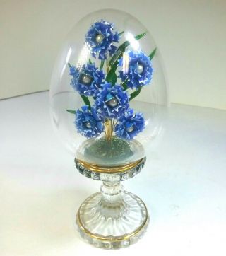 1991 Austrian Franklin Faberge Glass Egg On Pedestal With Enameled Flowers