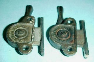 2 Antique Vintage BANJO STYLE Copper Plated CAST IRON WINDOW SASH Locks Latches 4
